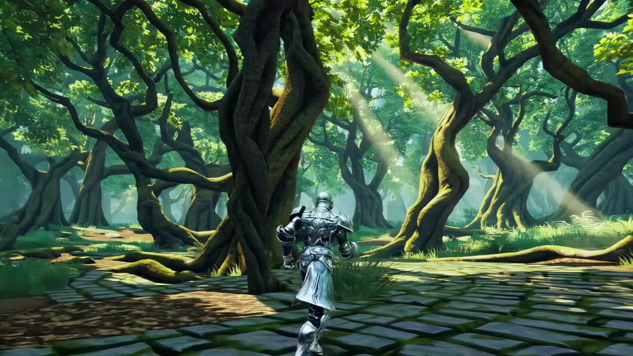 A video game scene with a third-person view of a knight in a mystical forest