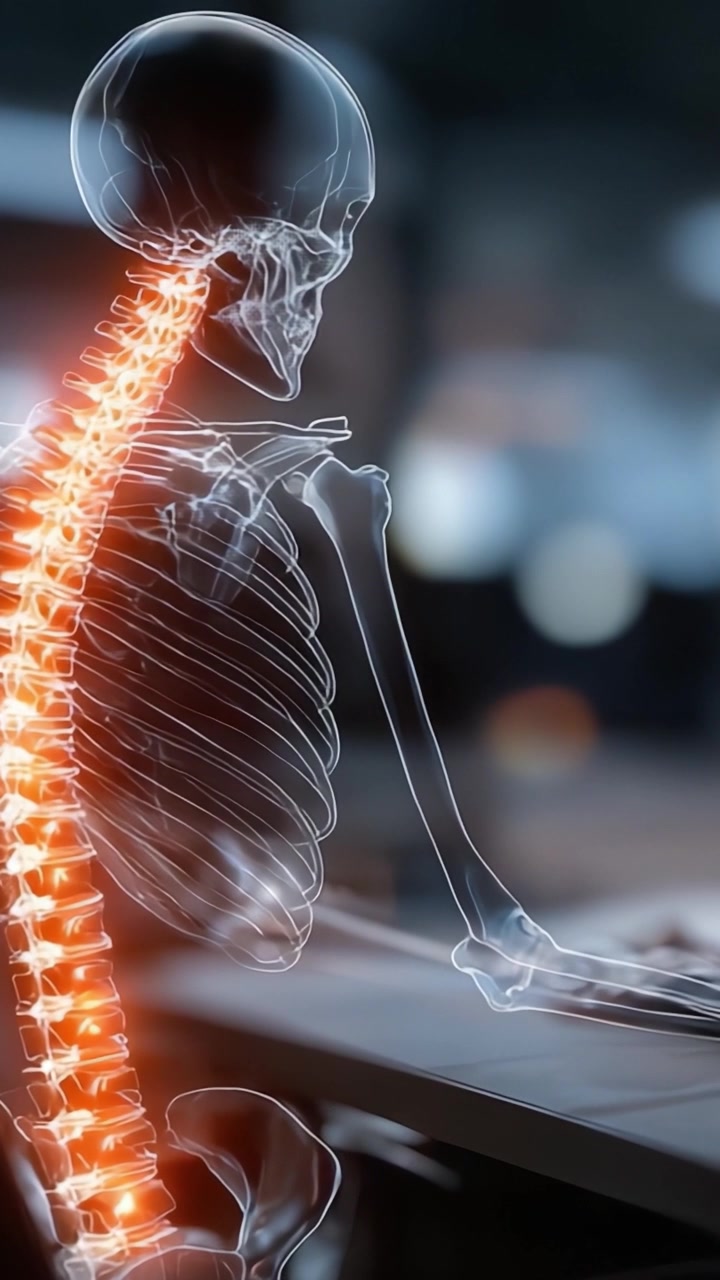 A detailed visualization of a human skeleton highlighting the spinal column's structure and its significance in posture and health, captured in an engaging anatomical study.