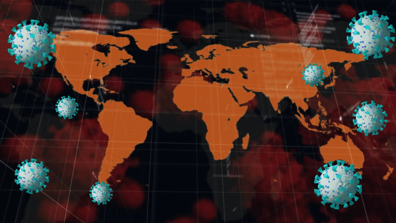 세계 지도 위에서 떨어지는 코로나19 세포의 애니메이션