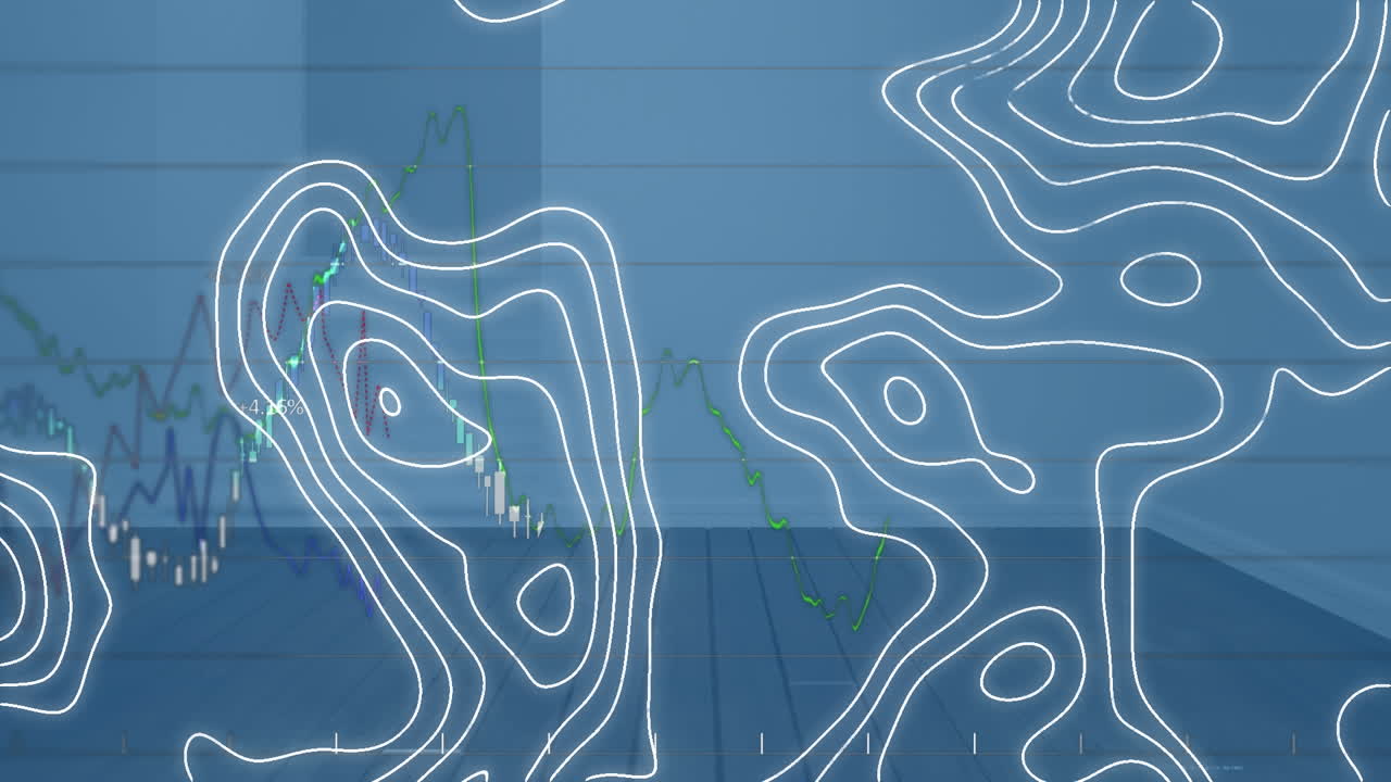 animación de diversos procesamiento de datos y isohypses sobre la oficina en el fondo