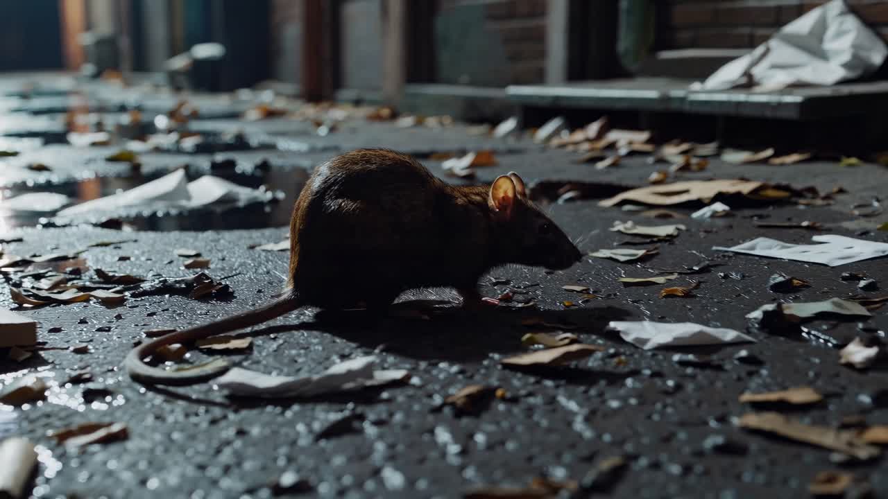 薄暗い路地をネズミが移動する様子をローアングルで捉えたビデオ。路地には濡れた落ち葉や散乱物が。
