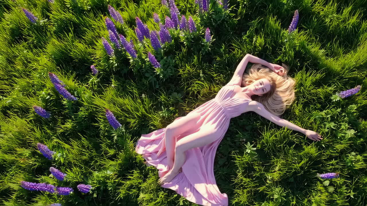 Woman in Pink Dress Lying in a Field of Purple Flowers