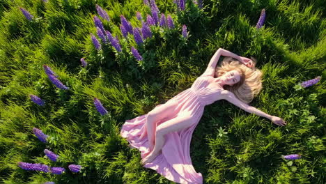 woman in pink dress lying in a field of purple flowers