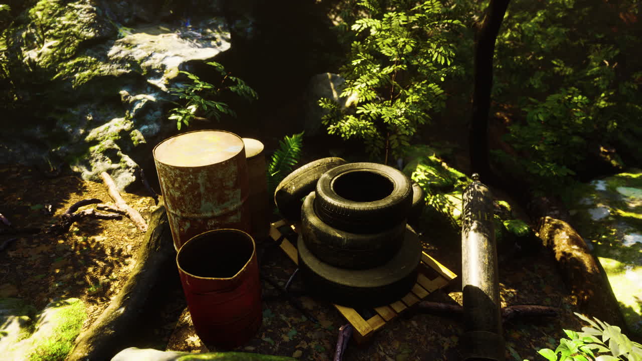 舊車輪在熱帶森林中作為污染概念