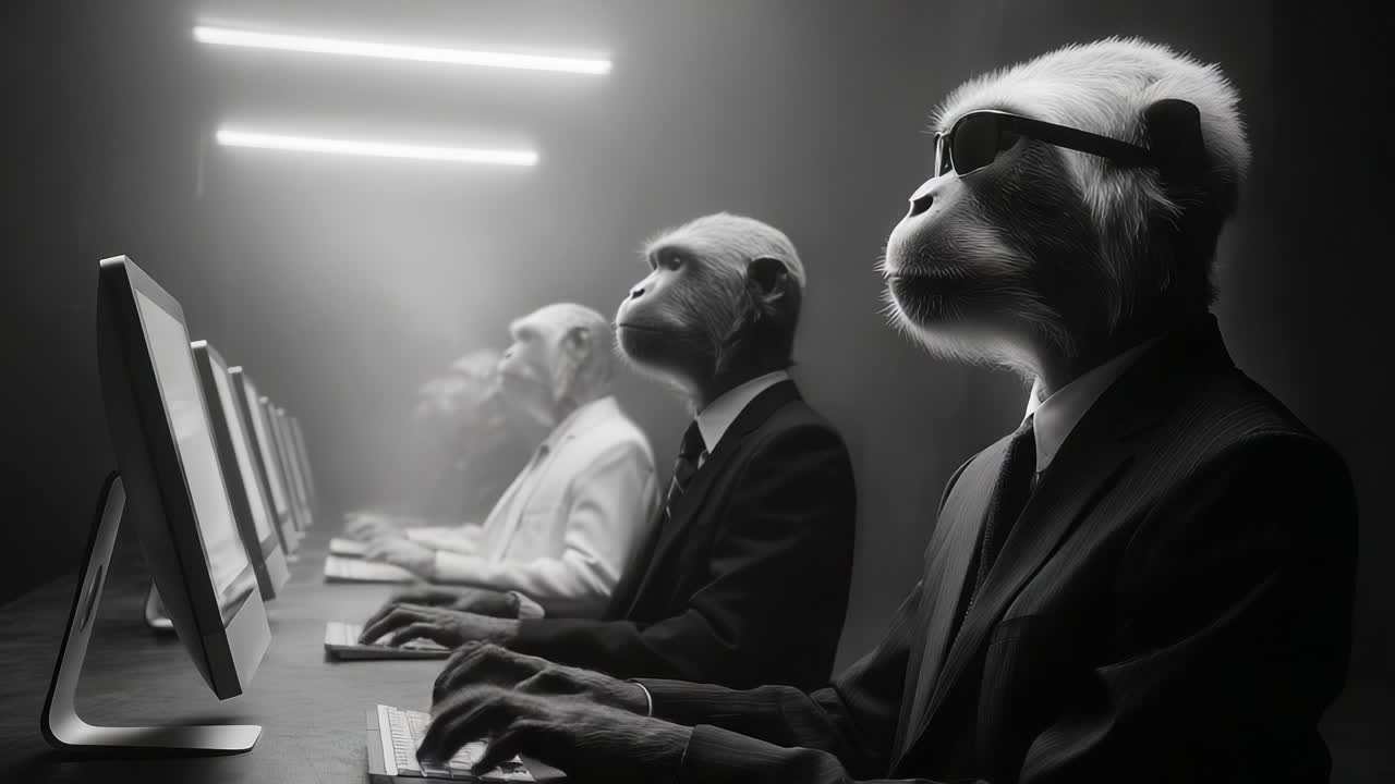 A surreal scene featuring primates dressed in suits and sunglasses engaging with computers, portraying a striking contrast between the animalistic and the corporate world
