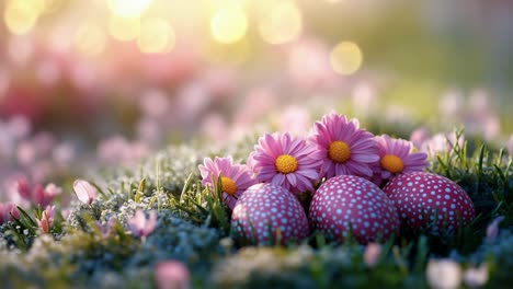spring garden eggs and flowers. pink daisies surround vibrant polka-dotted eggs, celebrating the joy of spring during a sunny afternoon.