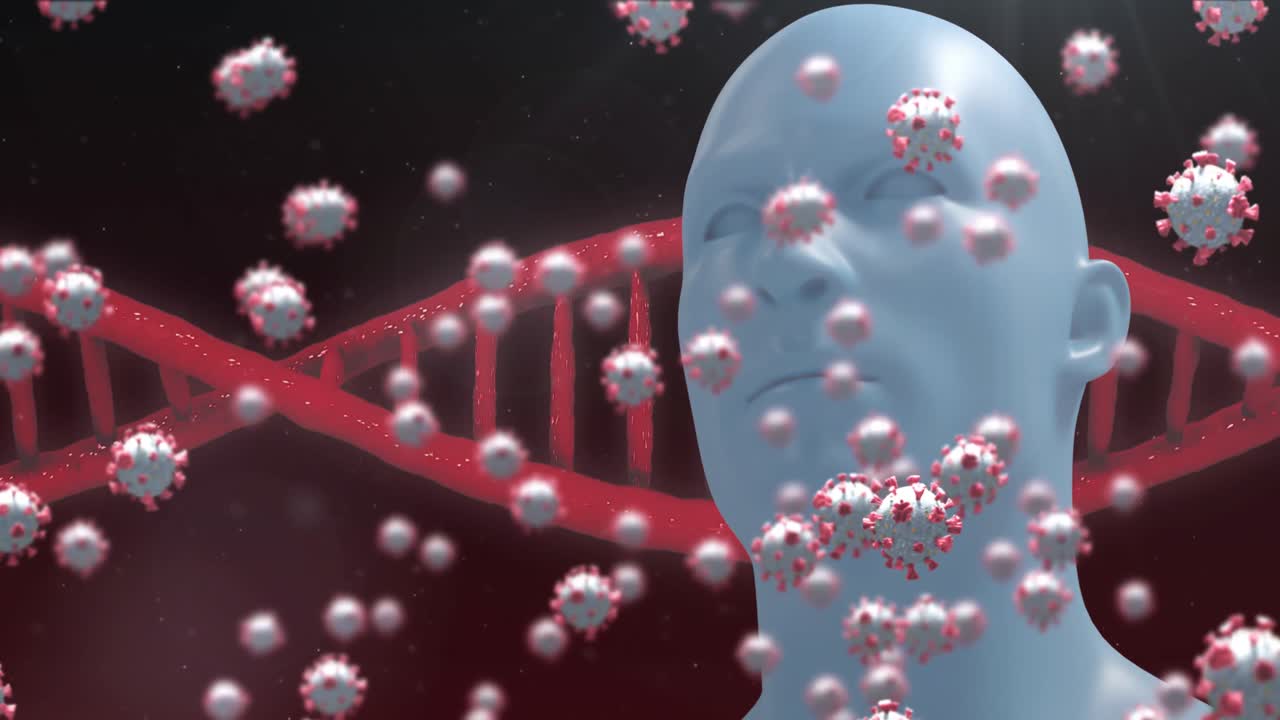 dna와 코로나바이러스 박테리아가 사람의 머리 위를 날고 있습니다.