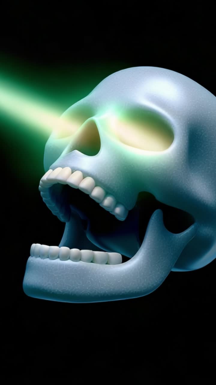 Un teschio misterioso con occhi verdi luminosi emette raggi di luce, affascinando gli spettatori con la sua presenza surreale e inquietante su uno sfondo scuro