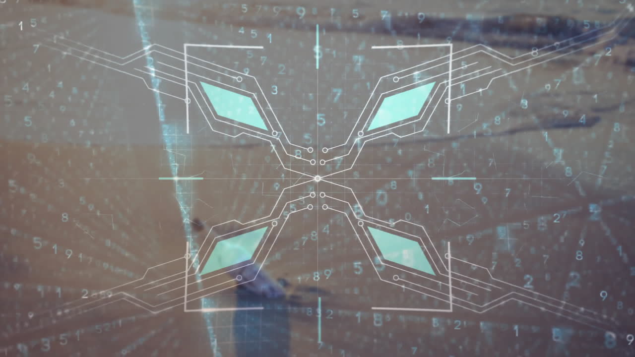 Animation of futuristic digital interface with geometric patterns in school setting