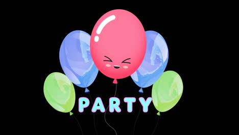 Animation-of-party-text-over-colorful-balloons-on-black-background