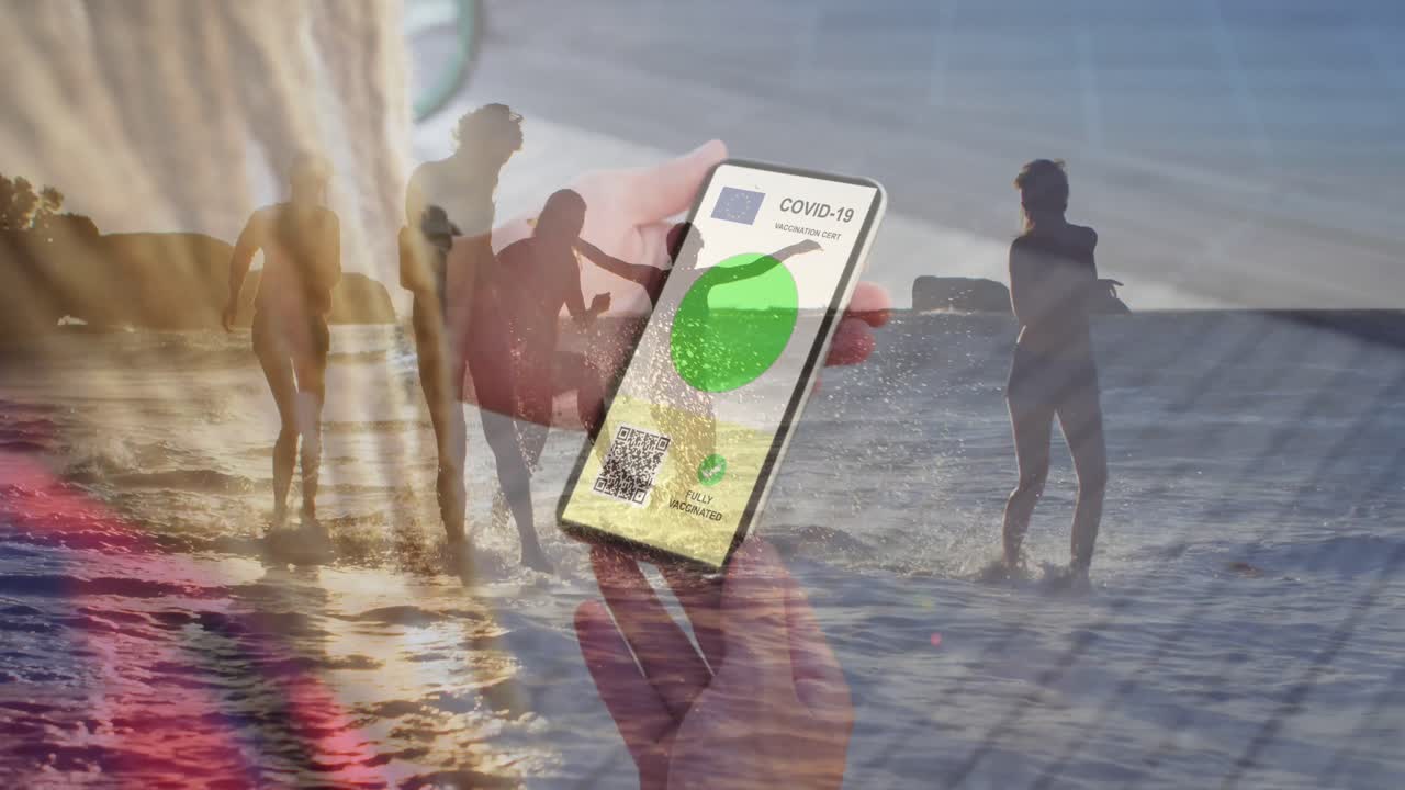Animation of caucasian woman with smartphone over caucasian women at beach