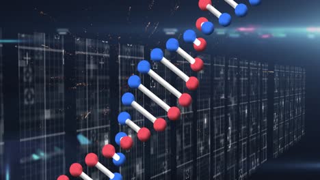 Animation-of-graphical-dna-helix-rotating-with-firework-exploding-against-abstract-background