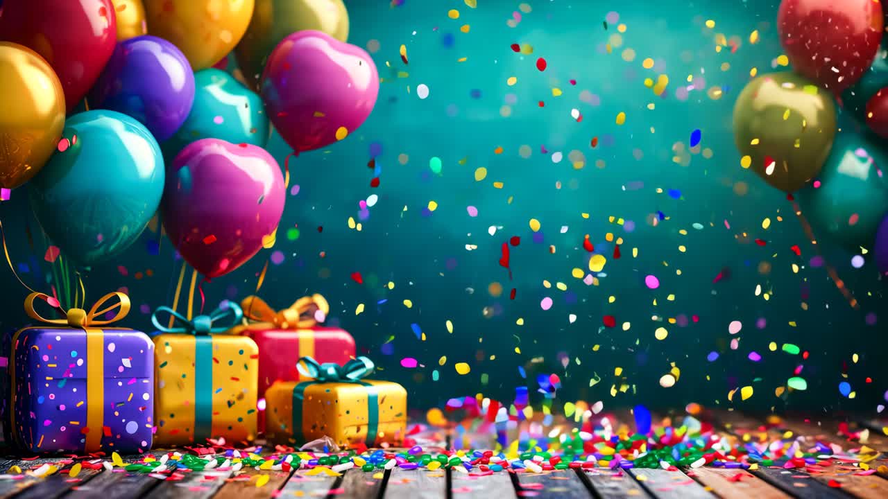 un montón de globos coloridos y regalos en una mesa de madera