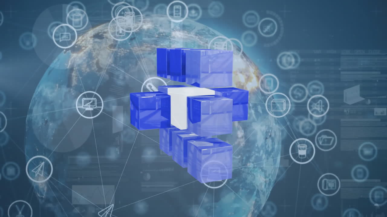 디지털 데이터 아이콘과 지구 배경 위의 파란색 3d 큐브 애니메이션