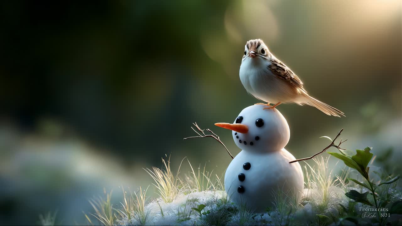 A Whimsical Scene of a Cute Snowman with a Bird Resting on Its Head, Set in a Softly Lit Natural Environment, Capturing the Essence of Winter and Playfulness with an Air of Serenity