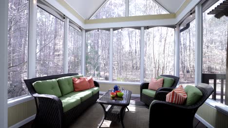 entering the living room of modern luxury villa, outside forest background