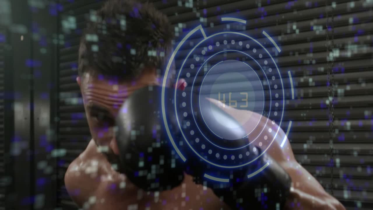 Mandlig bokser i forsvarsstilling under træning, med et HUD, der pulserende viser sig, mens han kaster stød med handsker, pixels.