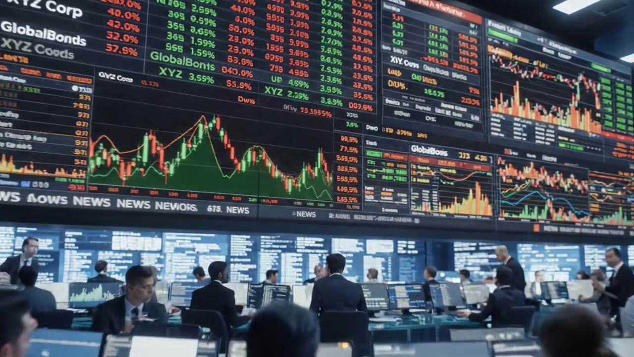 トレーディングルームでの動的な金融分析：デモンストレーション用の株式市場スクリーンで強調された市場トレンド、データ視覚化、投資家活動