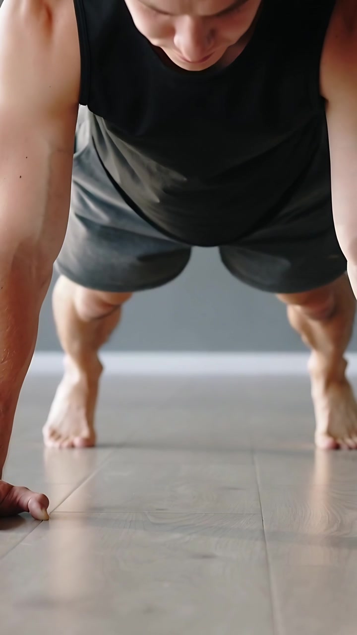 Video verticale: Uomo in canotta nera e pantaloncini grigi che inizia a fare flessioni su un pavimento piastrellato, in un contesto fitness.