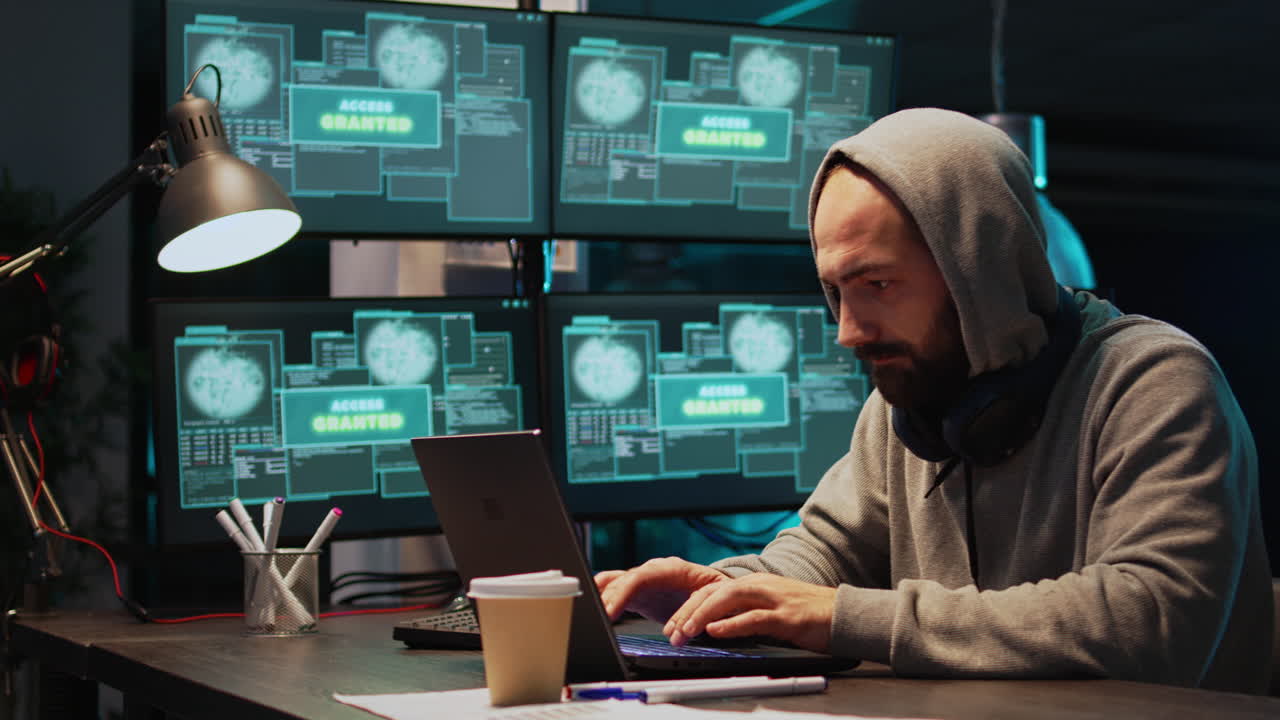 Hacker working on a laptop in a dark room with multiple monitors displaying code