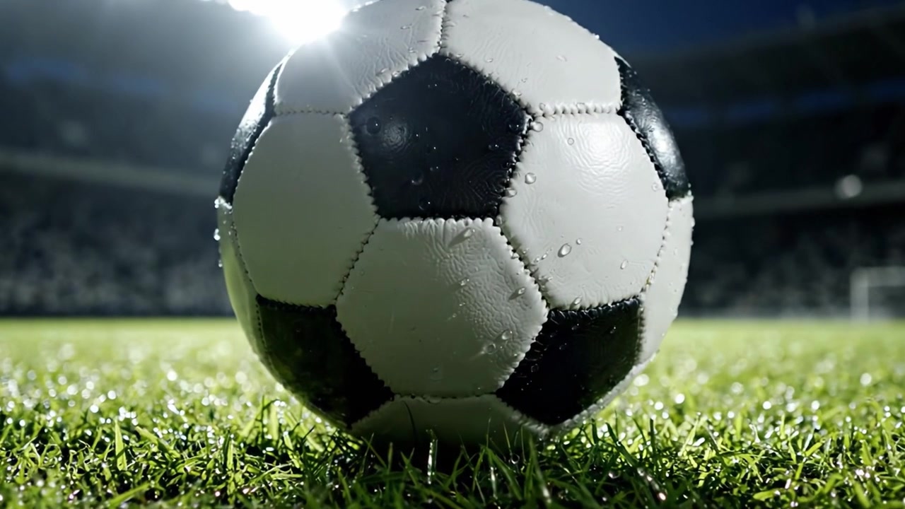 Lähikuva kiiltävästä jalkapallosta kimaltelee stadionin valojen alla hyvin hoidetulla nurmikentällä, vangiten pelin olemuksen ja sen energian.
