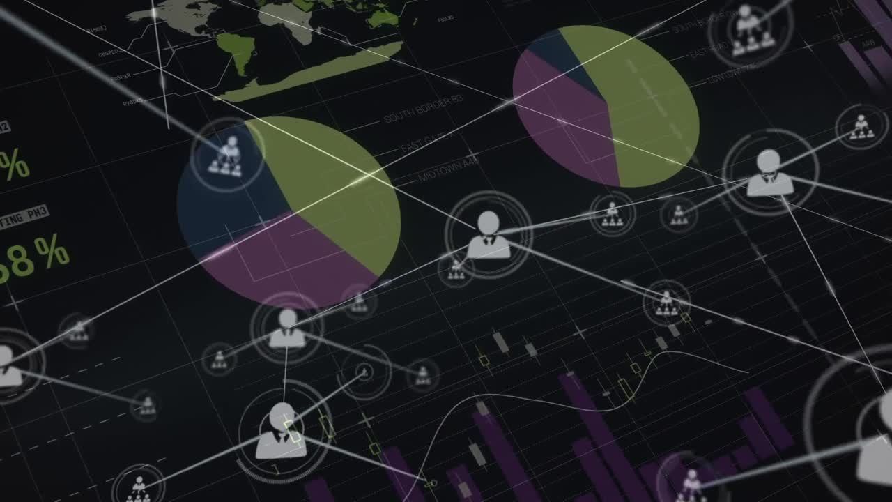 animación de la red de conexiones con los iconos de las personas y el procesamiento de datos financieros