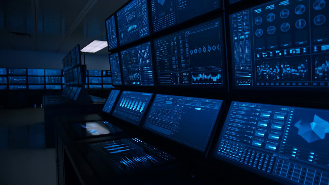 Futuristic Control Room with Multiple Data Monitoring Screens