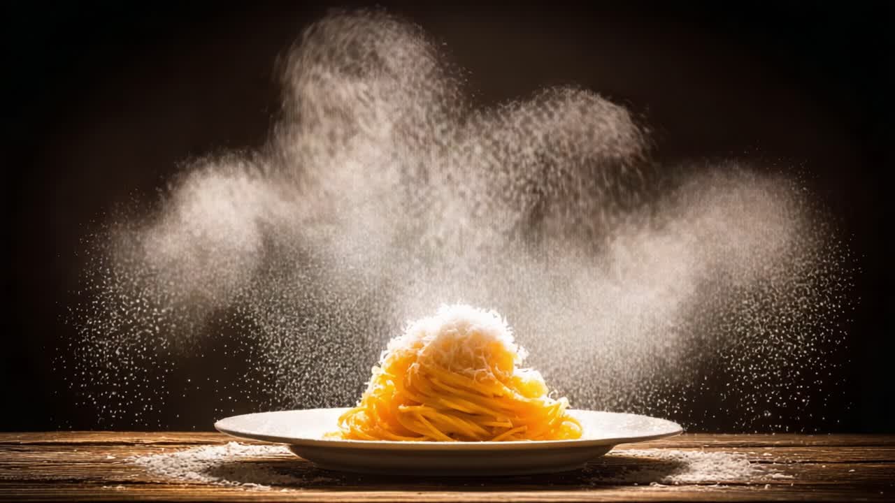 A Delicious Display of Perfectly Cooked Spaghetti with a Generous Dusting of Grated Cheese Creating an Enchanting Culinary Scene in a Rustic Setting