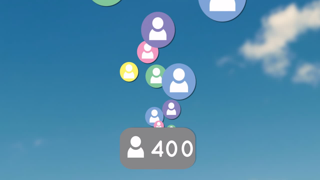 user growth badge floating upward in clear blue sky, showing colorful avatar icons rising