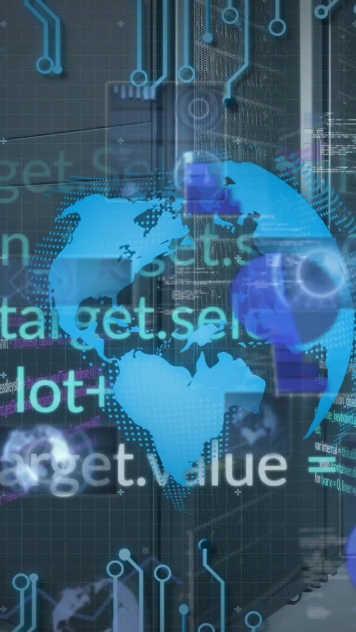 Animation of globe and data processing over computer servers
