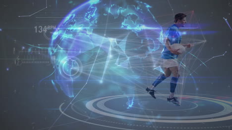 animation of glowing globe, scanner over rugby player running with ball and information processing