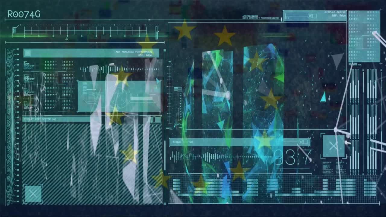 animación de diversos procesamientos de datos en pantalla con la bandera de la unión europea