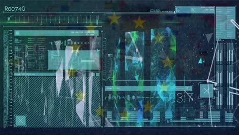 Animación-De-Diversos-Procesamientos-De-Datos-En-Pantalla-Con-La-Bandera-De-La-Unión-Europea
