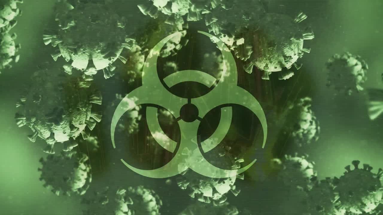 анимация падающих клеток ковид-19 над предупреждающим знаком