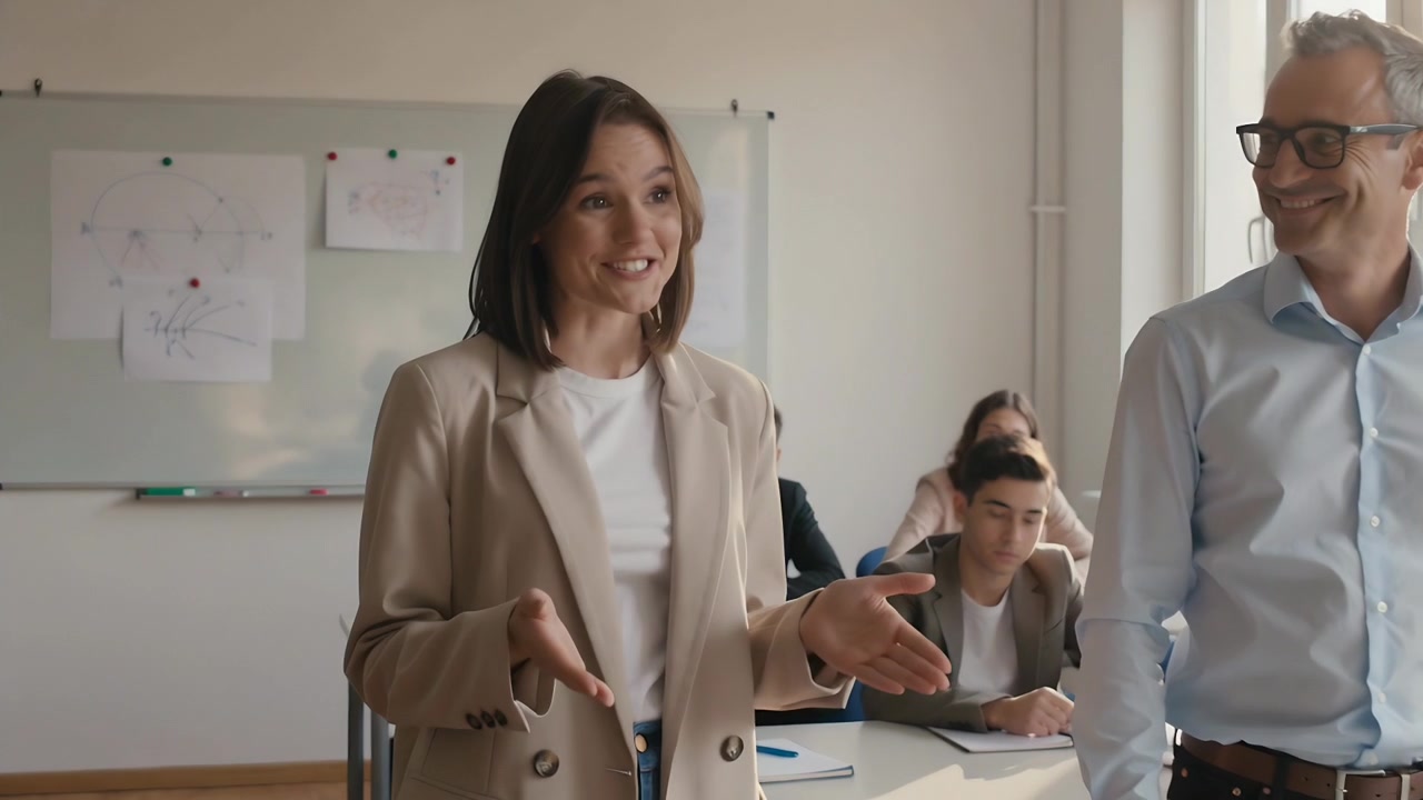 Applaudendo e girandosi, una donna in blazer beige si rivolge alla classe per coinvolgere gli studenti, con una lavagna bianca