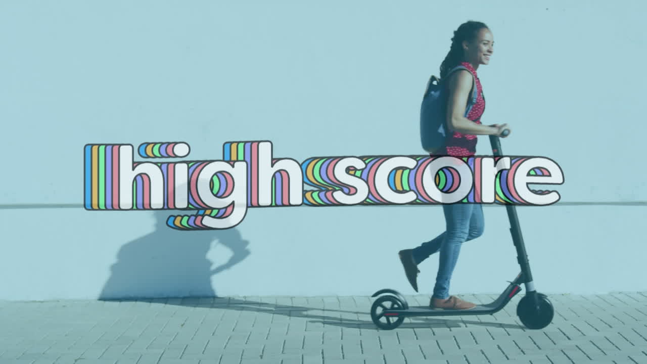 Animation of high score text over woman walking with electric scooter on pavement