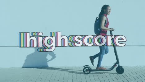 animation of high score text over woman walking with electric scooter on pavement