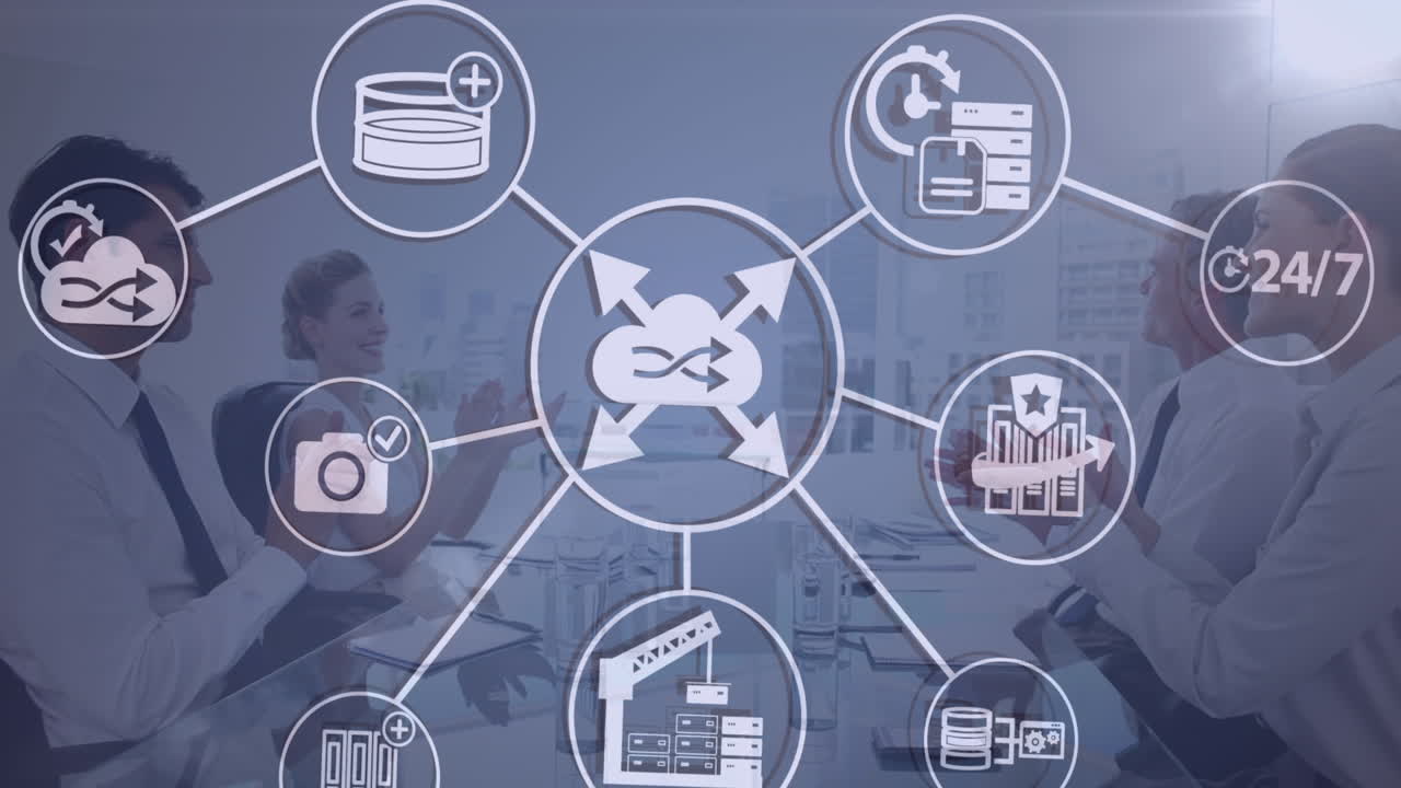 animación de la nube, conexiones con iconos y procesamiento de datos sobre personas de negocios