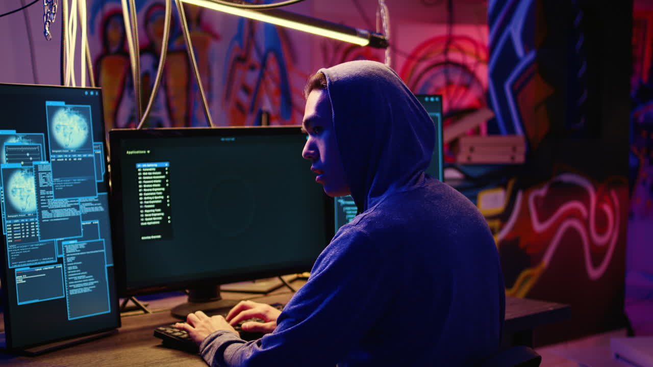 Anxious hacker hiding in bunker