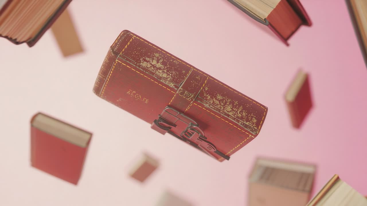 Entry of drifting red books tumbling in pink gradient highlighting rotating red leather-bound book