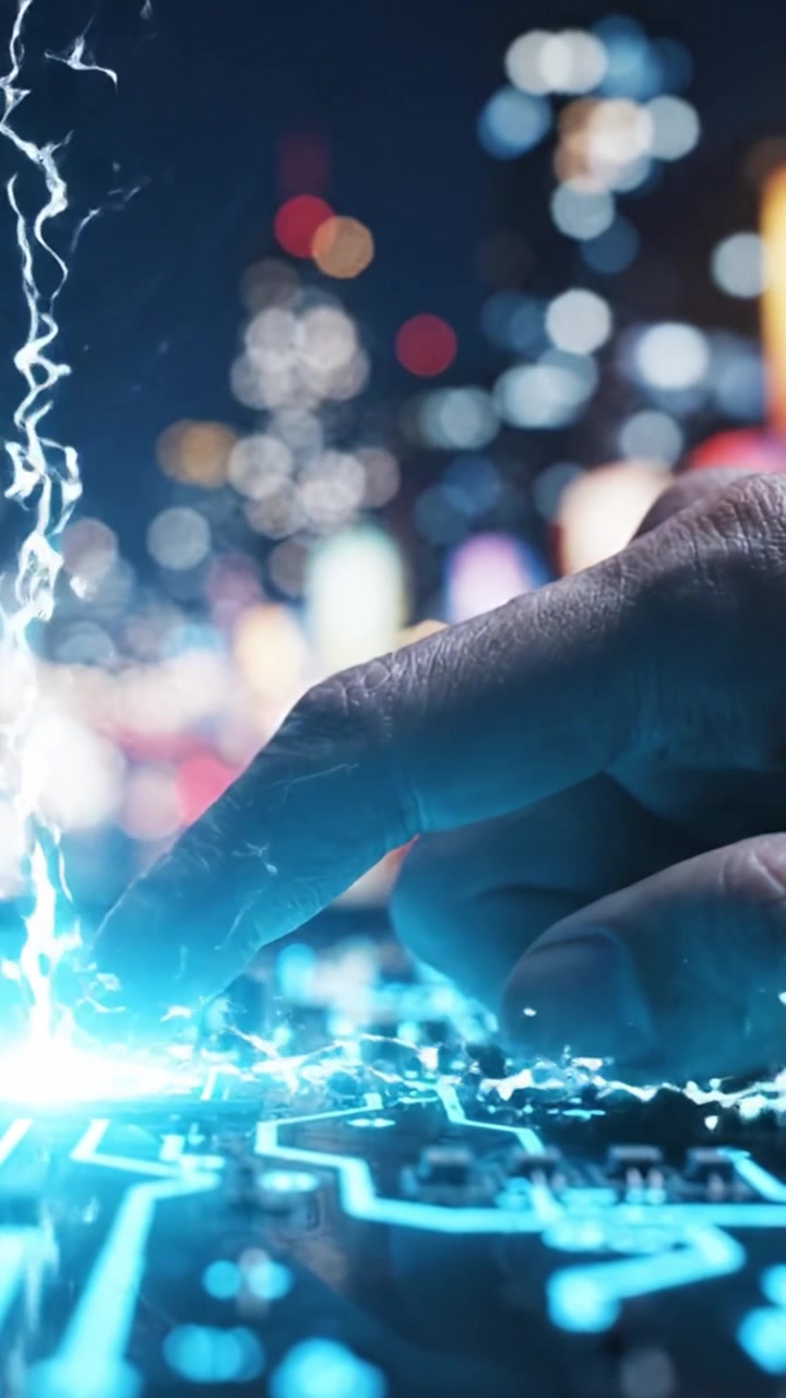 Um Close-Up de uma Mão com Circuitos Futuristas Contra uma Vibrante Paisagem Noturna Urbana, Evidenciando Inovação em Tecnologia e Conectividade