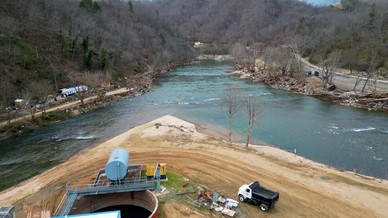 4K Aerial Drone Video of Water Treatment Plant on Blannahasset Island Park on the French Broad River in Marshall, NC after Hurricanes Helene and Milton (2024)