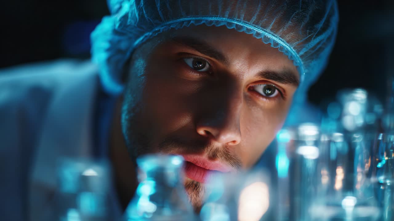 An Intense Focus on Scientific Inquiry: A Scientist Examines Clear Glass Vials in a Laboratory Environment, Capturing the Essence of Precision and Dedication in Research and Experimentation