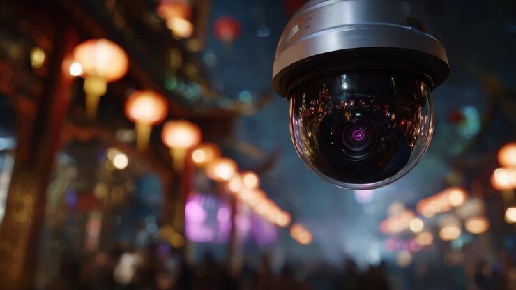 Enhanced Surveillance with a High-Definition Camera Mounted on a Dazzling Background Filled with Colorful Lanterns and an Atmospheric Glow, Capturing the Essence of Modern Security Solutions in Dynamic Settings