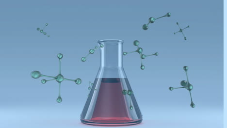 animación de nucleótidos flotantes y frasco cónico lleno de líquido contra un fondo azul