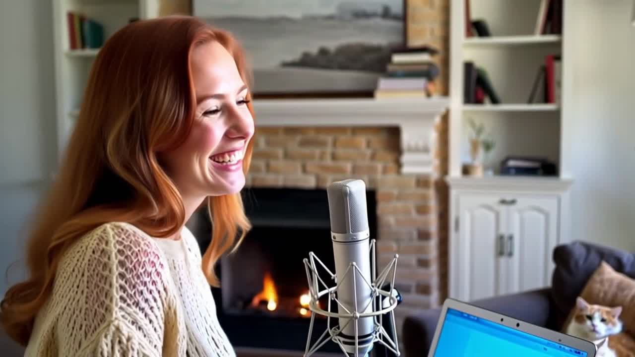 A woman is sitting in a living room with a microphone and a laptop