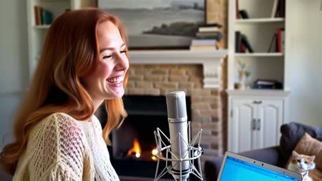 a woman is sitting in a living room with a microphone and a laptop