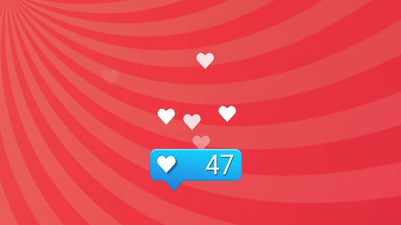 Cuori fluttuanti e animazione di notifica su sfondo a spirale rosso