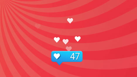 floating hearts and notification animation over red spiral background
