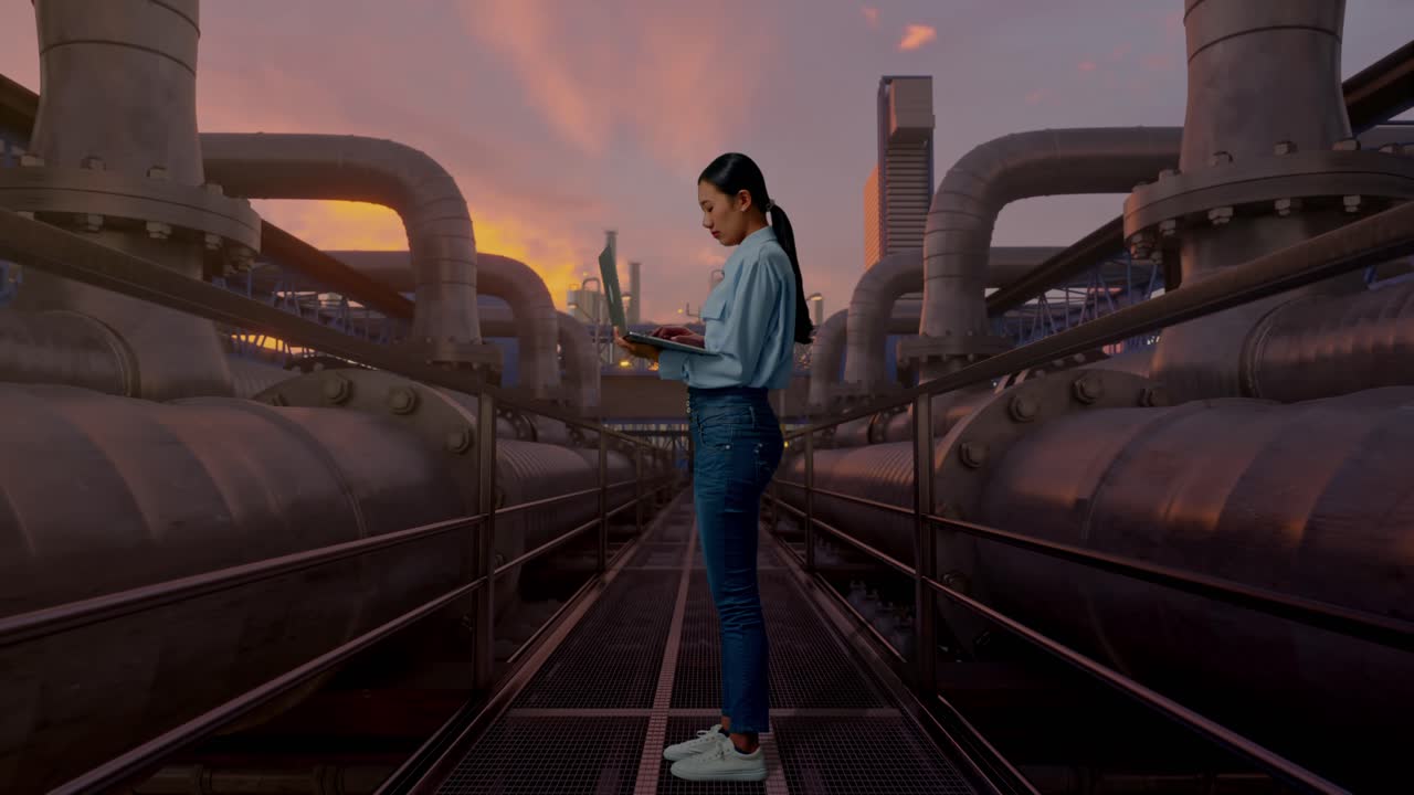 Fuld krops siddebillede af asiatisk kvinde, industrielt rørnetværk ved solnedgang, observerer ved at kigge op, før hun koncentrerer sig om den bærbare computer og fortsætter med at taste.